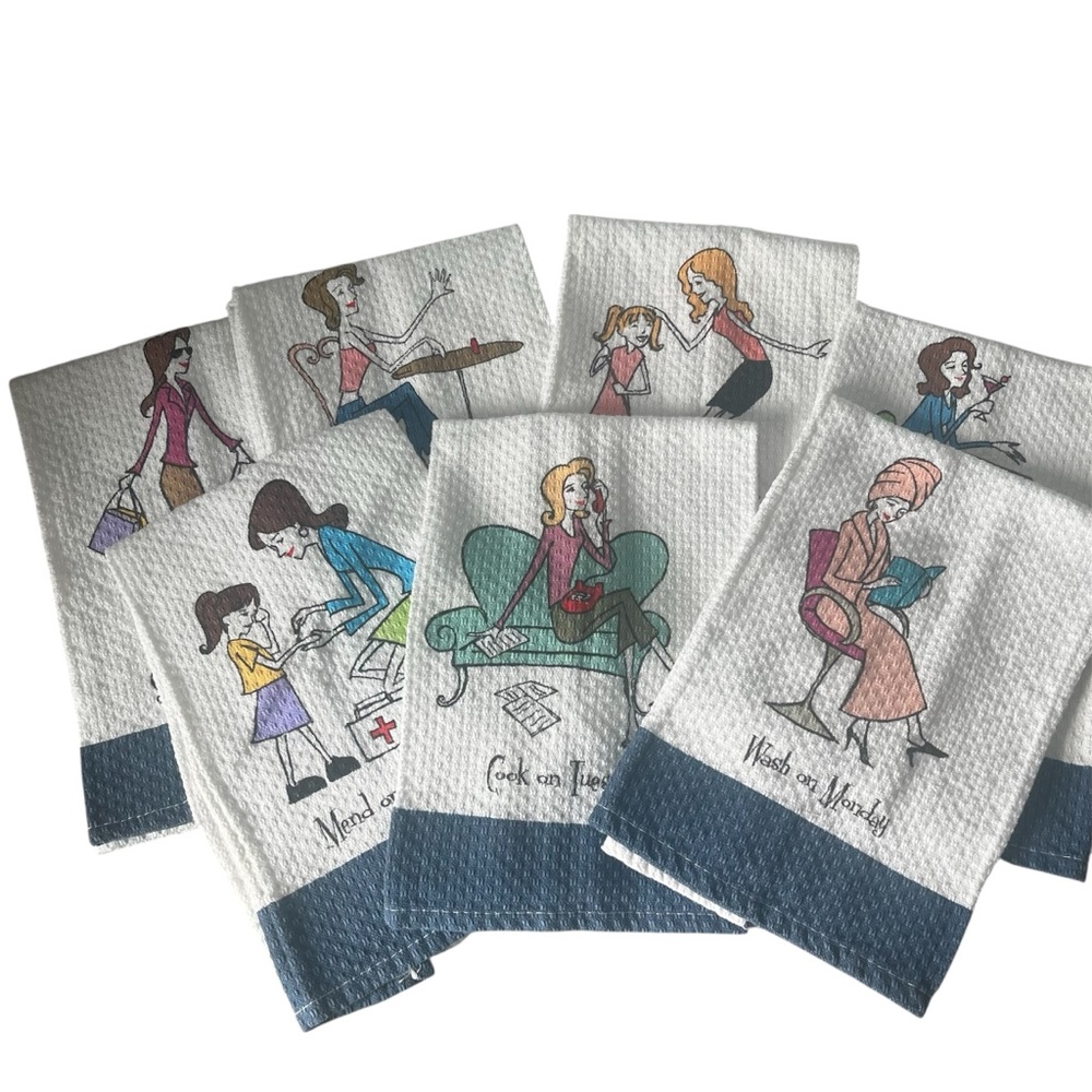 Set of 7 Illustrated Whimsical Kitchen Towels